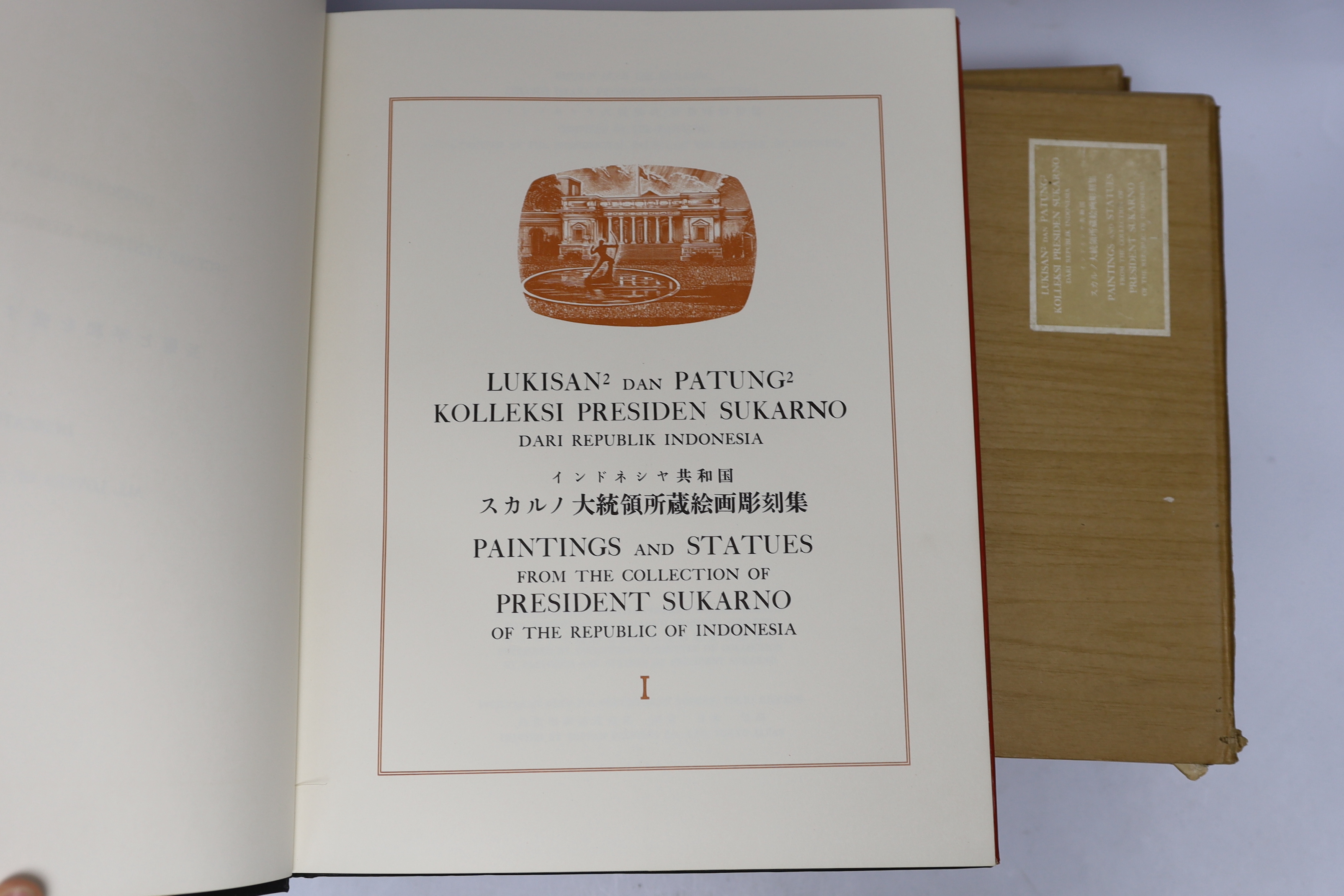 Man-Fong, Lee - Paintings and Statues from the Collection of President Sukarno of the Republic of Indonesia. 5 vols. many captioned plates throughout; publisher's gilt cloth, in d/wrappers, pattern e/ps and slipcases, fo